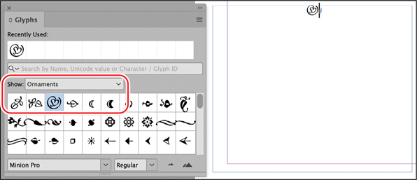 A snapshot of a glyphs panel menu. Two tabs are shown below. They are labeled, show and ornaments. Ornaments tab is selected. It lists a few symbols. The heart-shaped character is selected from the list.