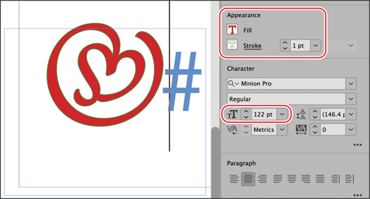 A snapshot shows a document displaying the selected enlarged heart-shaped character. The right pane highlights the following data. Appearance: Fill. Stroke, 1 point. Character: Minion pro. Regular. Font size, 122 point. Spacing, 146.4 point.