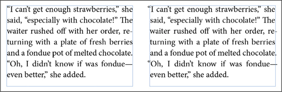 A snapshot of a page with texts presented in two columns. In the first column, the punctuations are presented inside the column. In the second column, two double quotes are presented outside the column.