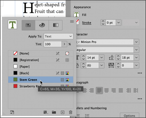 A snapshot of applying character formatting for the drop-cap character. The fill menu appears. Stem green option is selected. A note below reads, C equals 65. M equals 35. Y equals 100. K equals 20.