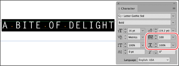 A snapshot of the page with the selected title, a bite of delight. The character panel menu is overlapping the page. The following data are highlighted. Tracking menu, 100. Type tool, 100 percent.