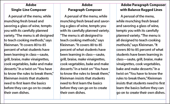 A snapshot of a page presents the content in three columns titled, adobe single-line composer, adobe paragraph composer, and adobe paragraph composer with balance ragged lines.