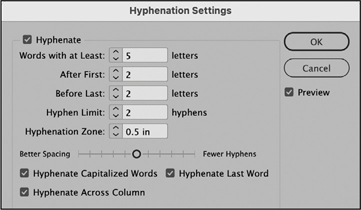 A snapshot of a window titled, hyphenation settings.