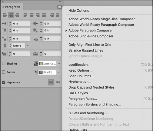 A snapshot of the paragraph panel menu. Center alignment is selected. A right-click menu appears on the right. The option, adobe paragraph composer, is selected.