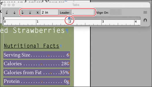 A snapshot of the tabs panel. The highlighted details are as follows. X, 2 inches. Leader, period. Right justified button is selected.