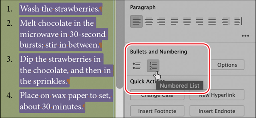 A snapshot of the paragraph panel menu. The page displays four sentences numbered from1 through 4. The bullets and numbering section is highlighted in the paragraph menu. The numbered list button is selected.