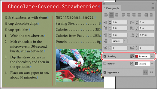 A snapshot shows the paragraph panel menu. Center alignment is selected. Shading checkbox is selected. The selected color is strawberry red.