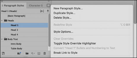 A snapshot of a paragraph styles panel menu.