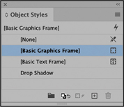 A snapshot of the object styles panel menu. Basic graphics frame is selected under the basic graphics frame section.