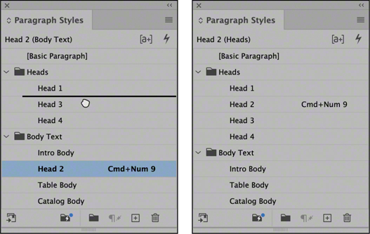 Two snapshots of the paragraph styles panel menu.