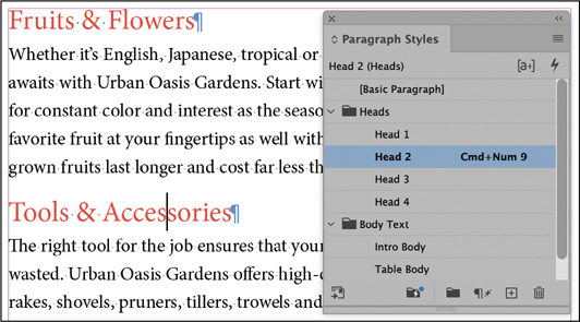 A snapshot depicts a closer view of the page displaying the subheads fruits and flowers and tools and accessories. The paragraph styles panel menu is overlapping the page. Head 2 under the heads section is selected.