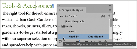 A snapshot shows the closer view of the subhead tools and accessories. The paragraph styles panel menu appears over the page. Head 2 plus option is selected under the heads section.