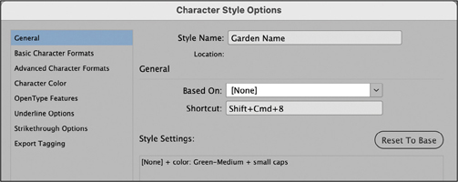 A snapshot of a window titled, character style options.