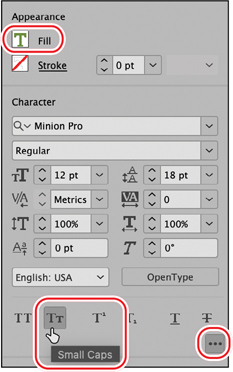 A snapshot of the appearance area of the properties panel. The highlighted details are as follows. Fill option. Small caps icon is selected.