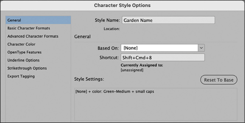 A snapshot of a window titled, character style options.