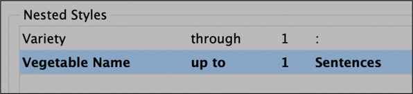 A snapshot of a dialog titled, nested styles. The dialog allows you to select variety through 1 and vegetable name up to 1 sentences. The vegetable name up to 1 sentences is selected.