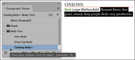 A snapshot of a dialog titled, paragraph styles is overlapped with a page titled ONIONS.