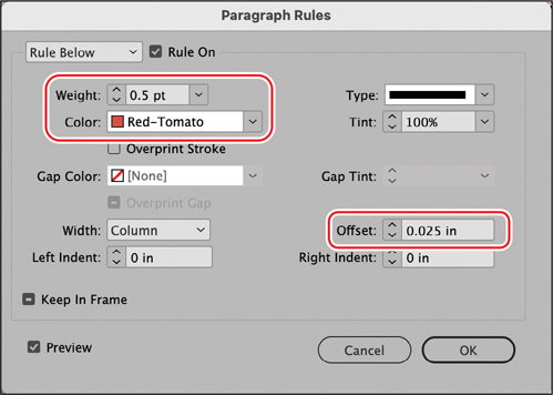 A snapshot of a dialog titled, paragraph rules.