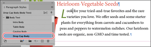 A snapshot of the paragraph styles panel menu. The drop cap body option is selected. The page on the right views the subhead, heirloom vegetable seeds.