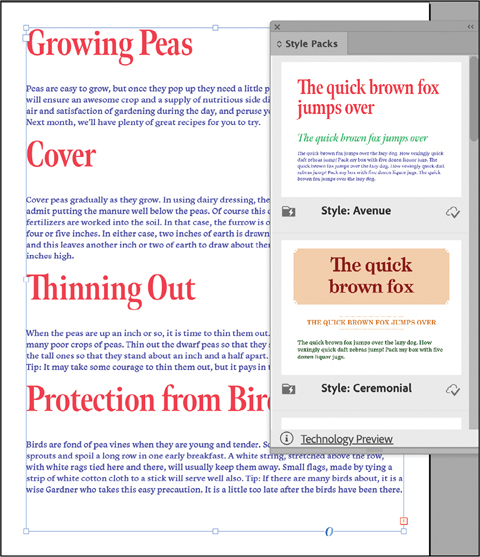 A snapshot of a page with four subheads labeled, growing peas, cover, thinning out, and protection from bird. The window titled, style packs, is overlapping the page. Style, avenue. Style, ceremonial.