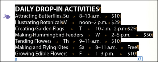 A table depicts daily drop-in activities with 7 rows.