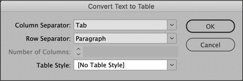 A snapshot of a dialog titled, convert text to table.