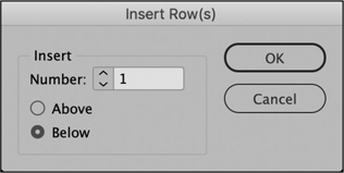 A snapshot of a dialog titled, insert row(s).