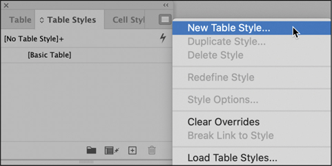 A snapshot of a window displaying the table styles. The cursor points at the new table style from the list of options and is highlighted.