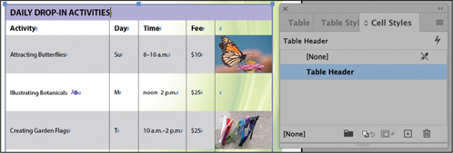 A snapshot of a table displaying the daily drop-in activities and a window of the cell styles menu.