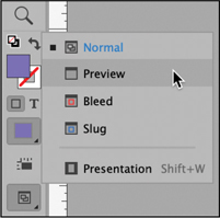 A snapshot of a list of options labeled normal, preview, bleed, slug, and presentation. The normal option is highlighted. The cursor points at the preview option.