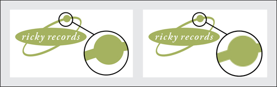 A logo labeled Ricky records is drawn with 2 different methods. The logo on the left has a high intensity while the logo on the right has less intensity.