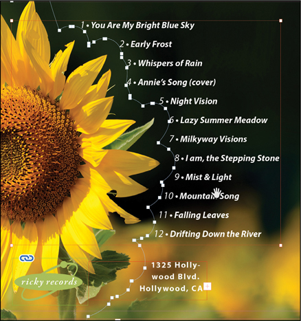 A screenshot shows the pasteboard with the sunflower graphic and list of songs.