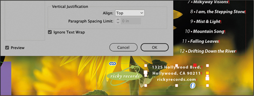 A screenshot of the bottom half of the Text Frame Options dialog overlapping the pasteboard with sunflower graphic. The Ignore Text Wrap check box is selected. Ok button is at the bottom right.