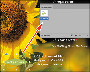 A screenshot shows the Library placed over the pasteboard with sunflower graphic, where the logo graphic at the bottom left is dragged into the library.