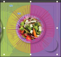 The pasteboard with the graphic containing a bowl of salad is shown. The graphic is placed over the circle filled with two colors. The layer of rays in between is pink in color.