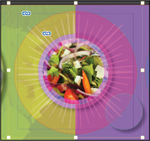 The pasteboard with the graphic containing a bowl of salad is shown. The graphic is placed over the circle filled with two colors. The layer of rays in between is white in color.