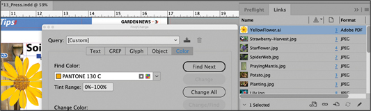 A screenshot shows the Find Change dialog overlapping the pasteboard, with the Links panel to the right.