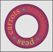 A donut-shaped graphic with text: carrots, hashtag tomatoes, peas printed along the body of the donut. The inside space of the donut and the outside are grey in color.