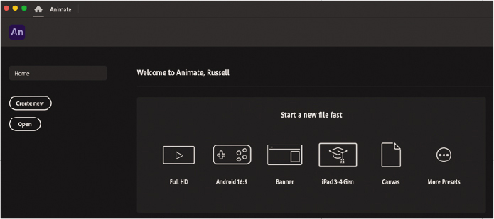 A screenshot shows the dashboard of Animate page. It displays the message, Welcome to Animate, with a list of options to start a new file fast at the bottom.