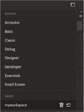 A screenshot of the Workspace menu shows the following options under default.