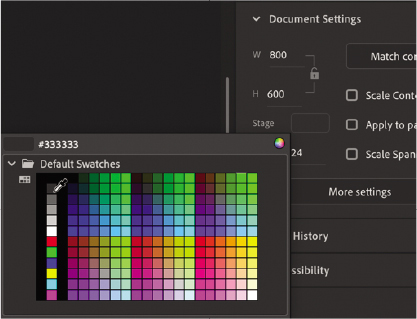 A screenshot shows the color palette on the left and Document Settings section of the Properties panel on the right.
