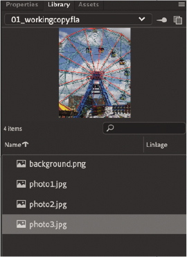 A screenshot shows the Library panel that lists the filenames of imported images. The listed filenames are background.png, photo1.jpg, photo2.jpg, and photo3.jpg. The last filename is selected and its thumbnail preview is shown above this list.