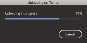 A screenshot of the dialog box displaying the progress of uploading an animation on Twitter. The progress bar shows the percentage of uploading in progress. Cancel button is at the bottom right corner of the dialog box.