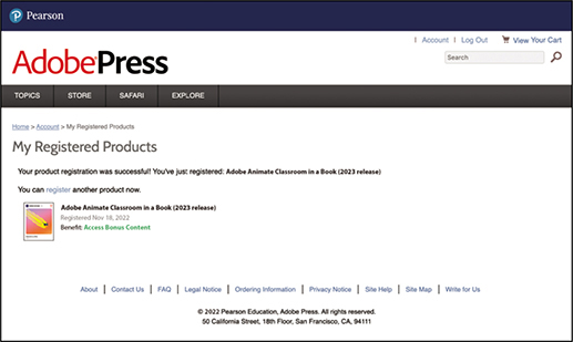A Pearson window displaying the Adobe Press My Registered Products page. A description of the successful registration is displayed with a small icon of the product.