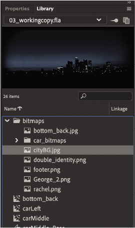 A screenshot of the Library panel is shown. Image of the cityscape is shown at the top of the panel. Below the image is the Bitmaps folder listing the images. The image CityBG.jpg is selected.