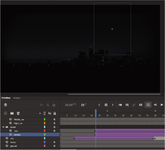 A screenshot of the Animate stage showing the cityscape.
