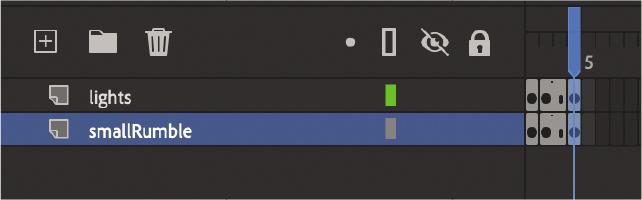 A screenshot shows the timeline of a graphic with two layers. The layers are lights and small rumble, the latter is selected, each has three keyframes. The playhead sits at the third keyframe. Different function buttons are provided.