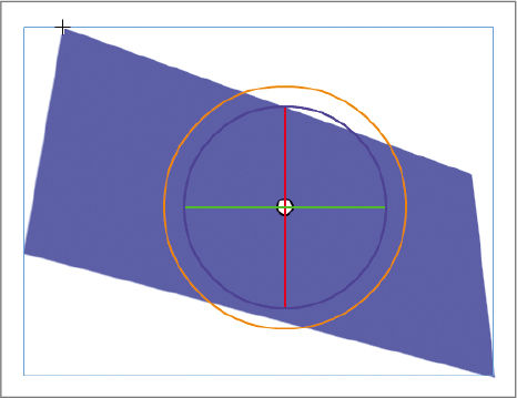 A screenshot displays an object in 3D display. The object resembles a rectangle in an oblique plane. A 3D rotation tool is on the foreground, the three axes are at the origin position. A rectangular outline is present.