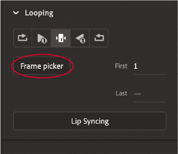The properties panel is shown. Under the looping section in the panel, the frame picker tab is selected. The lip-syncing button is present below.