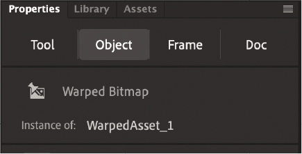 A screenshot of the Properties panel shows four options: Tool, Object (selected), Frame, and Doc. Under Object, Warped Object is listed.